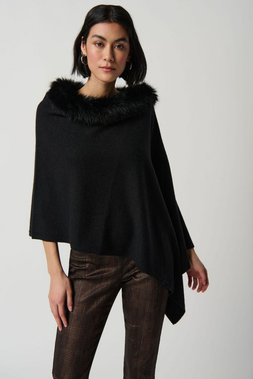 Joseph Ribkoff Style 234907 Black Faux Fur Trim Knit Sweater Poncho Cover-Up