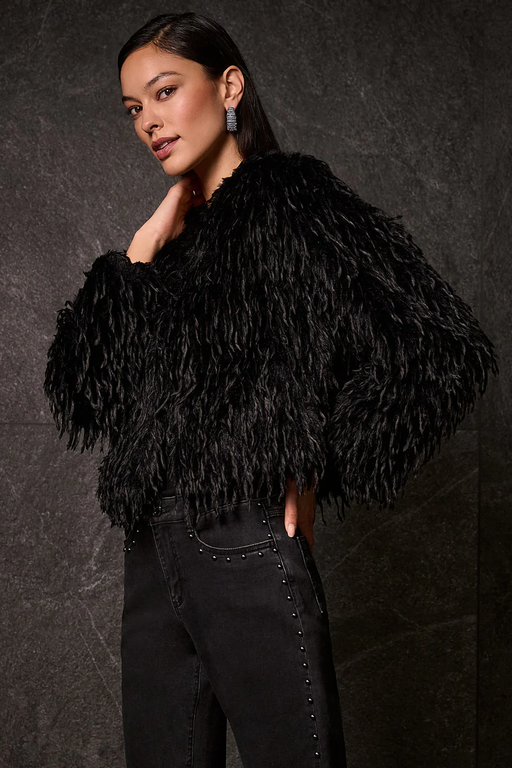 Joseph Ribkoff 254905 Black Faux Fur V-Neck Jacket