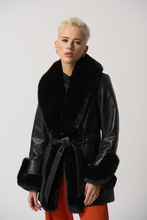 Joseph Ribkoff Style 233927 Black Faux Leather Belted Faux Fur Trim Coat