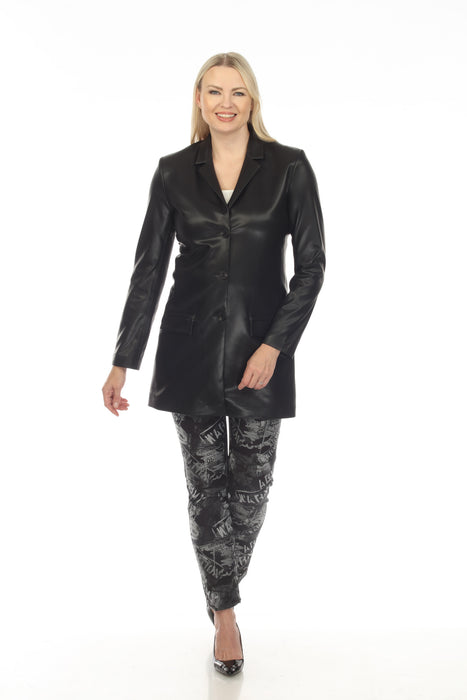 Joseph Ribkoff Black Faux Leather Button-Down Long Sleeve Blazer Jacket 233978