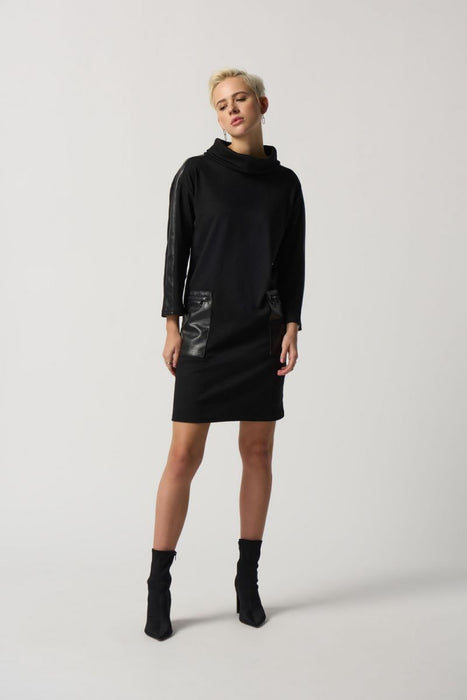 Joseph Ribkoff Style 233262 Black Faux Leather Detail Long Sleeve Sweater Dress