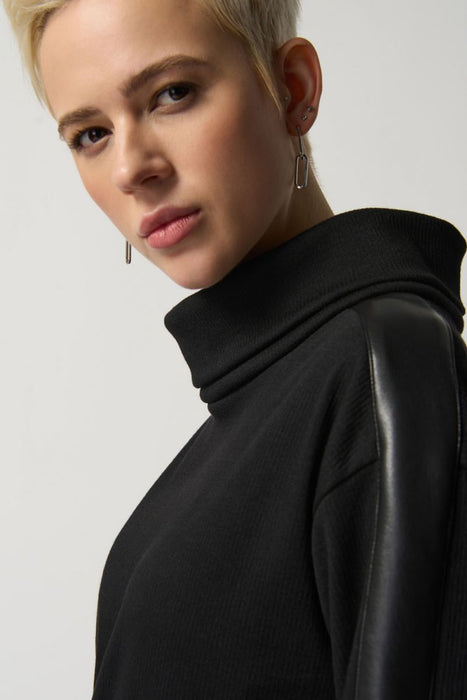 Joseph Ribkoff Black Faux Leather Detail Long Sleeve Sweater Dress 233262 NEW