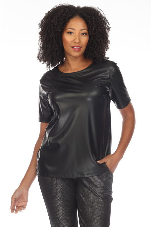 Joseph Ribkoff Style 233281 Black Faux Leather Front Short Sleeve Top