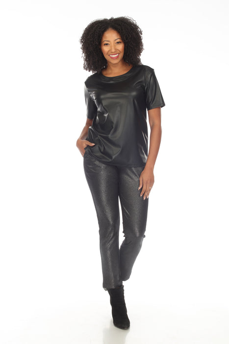 Joseph Ribkoff Black Faux Leather Front Short Sleeve Top 233281