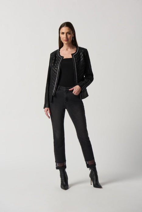 Joseph Ribkoff Black Studded Faux Leather Detail Long Sleeve Jacket 233962 NEW