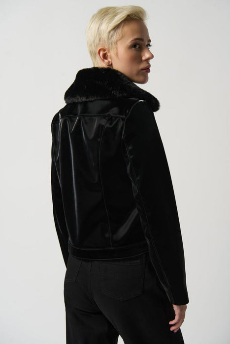 Joseph Ribkoff Black Faux Fur Collar Long Sleeve Faux Leather Moto Jacket 233928