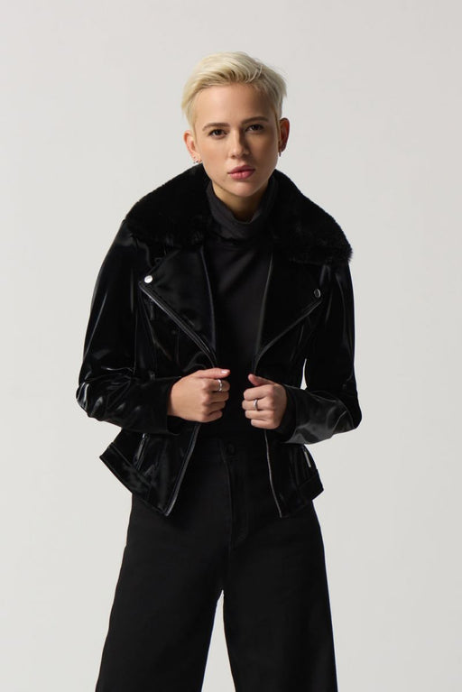 Joseph Ribkoff Style 233928 Black Faux Fur Collar Long Sleeve Faux Leather Moto Jacket NEW