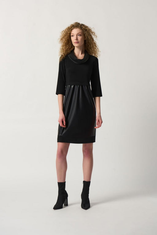 Joseph Ribkoff Style 233091 Black Faux Leather Panel 3/4 Sleeve Cocoon Dress