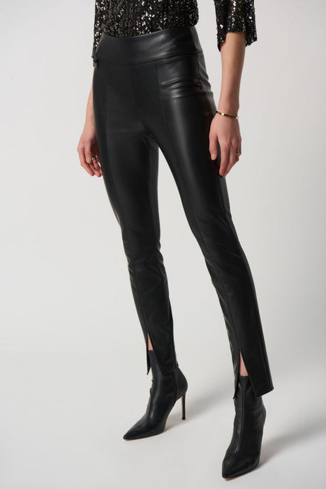 Joseph Ribkoff Style 234148 Black Faux Leather Split Front Pull On Skinny Ankle Pants