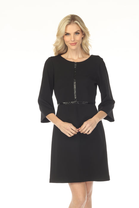 Joseph Ribkoff Black Faux Leather Trim 3/4 Sleeve Mini Dress 254153