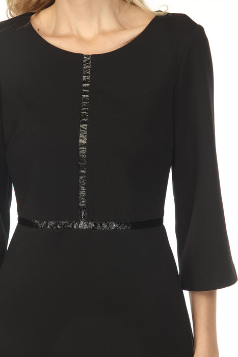 Joseph Ribkoff Black Faux Leather Trim 3/4 Sleeve Mini Dress 254153