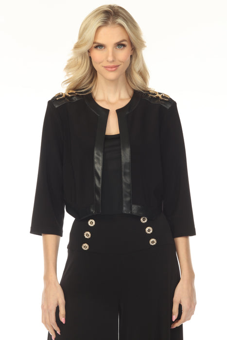 Woman wearing a black crop jacket with faux leather trim and open front from Joseph Ribkoff