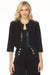 Woman wearing a black crop jacket with faux leather trim and open front from Joseph Ribkoff