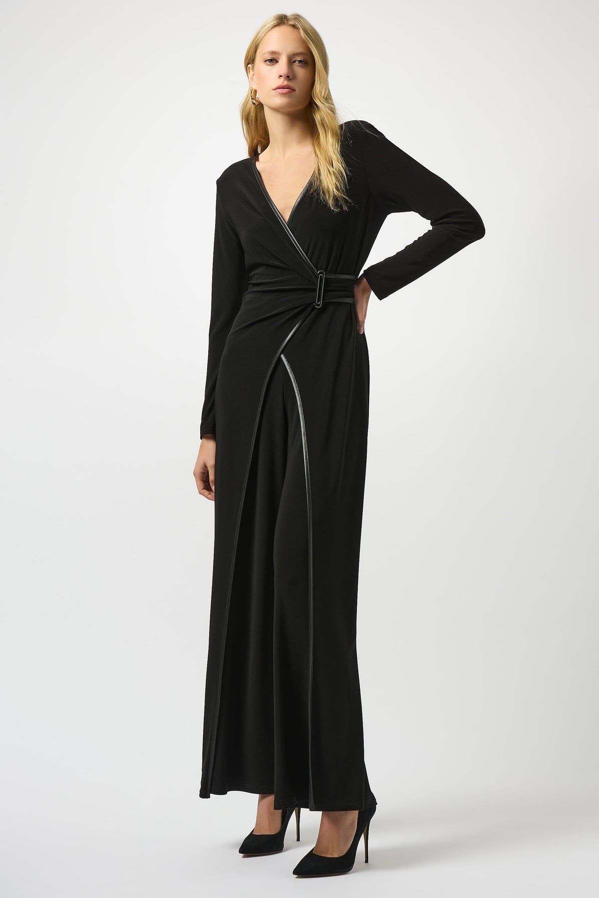 Buy Joseph Ribkoff Black Faux Leather Trim Wrap Jumpsuit 253249