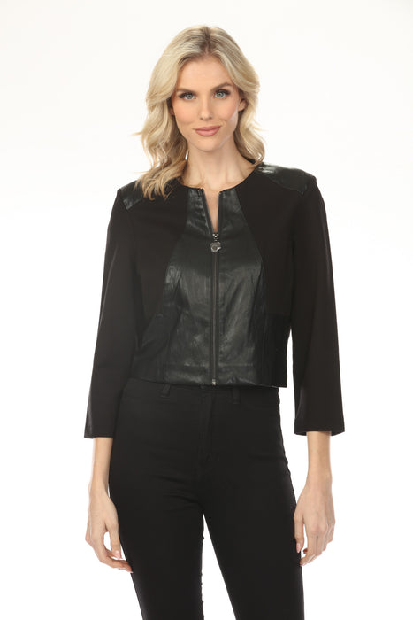 Woman wearing a black zip up cropped jacket with faux leather panels and 3/4 sleeves from Joseph Ribkoff