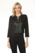Woman wearing a black zip up cropped jacket with faux leather panels and 3/4 sleeves from Joseph Ribkoff