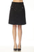 Woman wearing a black faux suede A-line skirt with decorative pockets and pearl button accent from Joseph Ribkoff