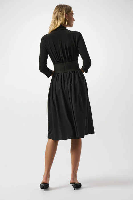 Joseph Ribkoff Black Faux Wrap Belted 3/4 Sleeve Fit and Flare Dress 253185