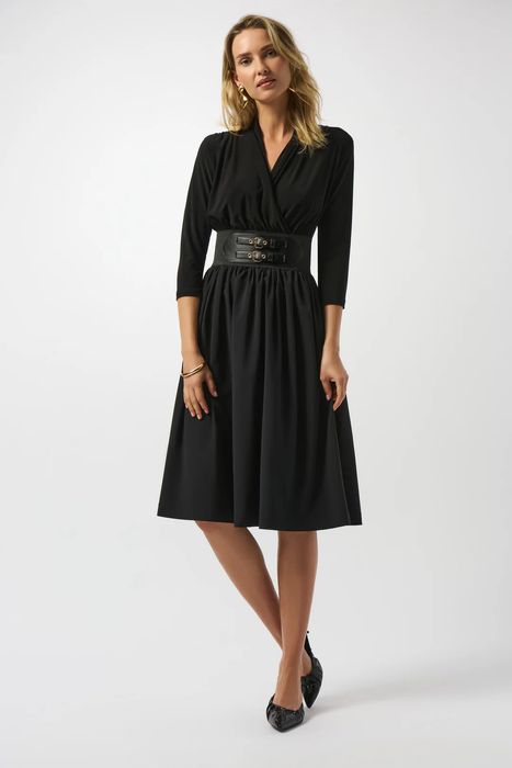 Joseph Ribkoff 253185 Black Faux Wrap Belted 3/4 Sleeve Fit and Flare Dress