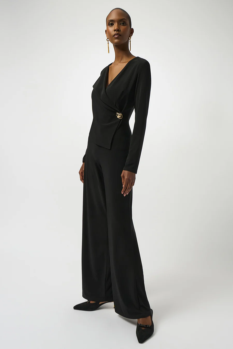 Joseph Ribkoff Black Faux Wrap Long Sleeves Wide Leg Jumpsuit 253046