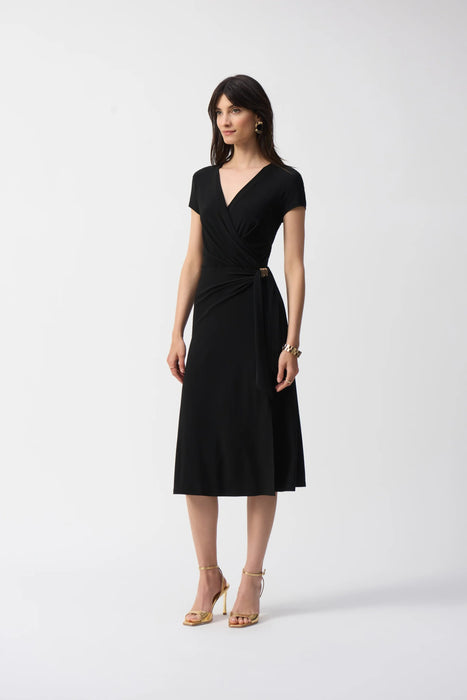 Joseph Ribkoff Style 251250 Black Cap Sleeve Faux Wrap Midi Dress