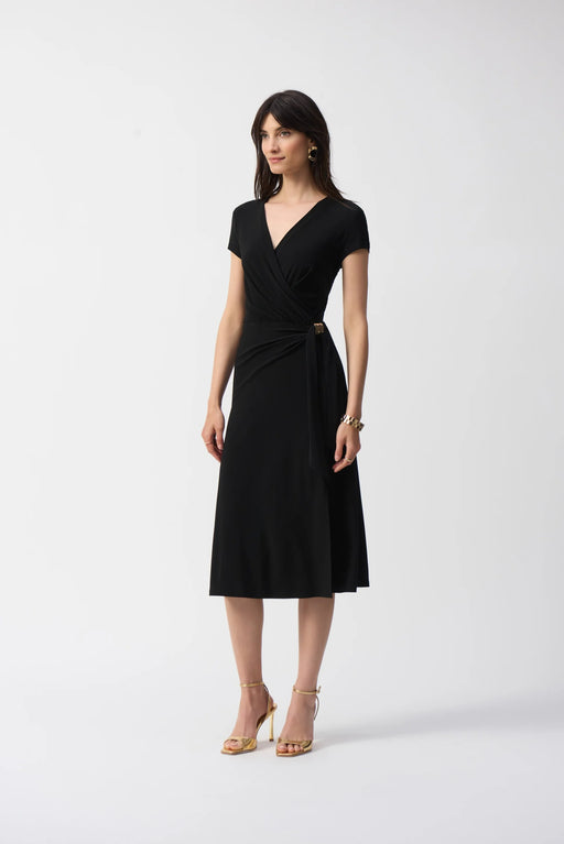 Joseph Ribkoff Style 251250 Black Cap Sleeve Faux Wrap Midi Dress