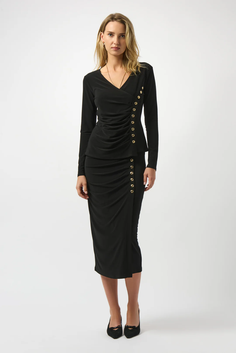Joseph Ribkoff Black Faux Wrap V-Neck Long Sleeves Fitted Top 253140