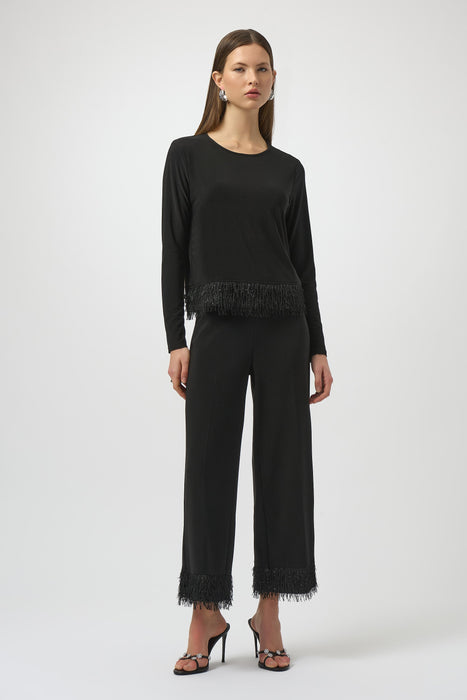 Joseph Ribkoff Black Fringe Hem Pull On Cropped Pants 254147