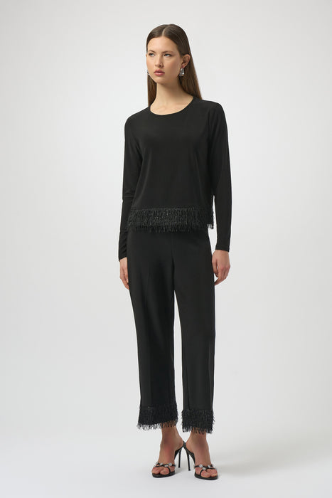 Joseph Ribkoff Black Fringe Hem Pull On Cropped Pants 254147