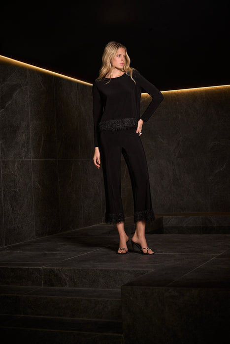Joseph Ribkoff Black Fringe Hem Pull On Cropped Pants 254147