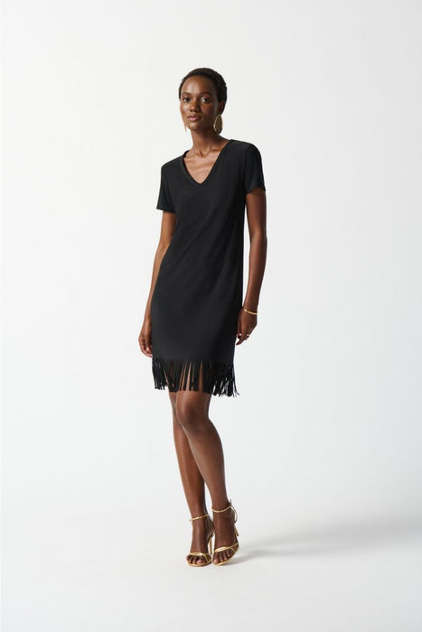 Black Fringe Hem V-Neck Dress Joseph Ribkoff — AfterRetail