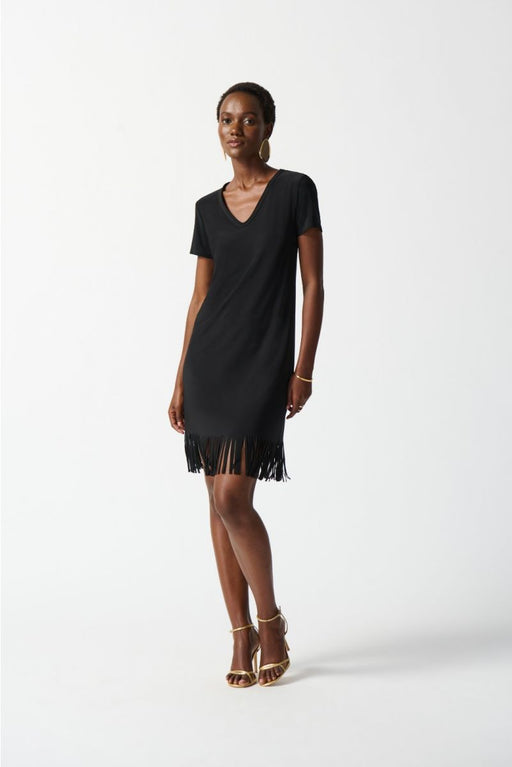 Joseph Ribkoff Style 242113 Black Fringe Hem V-Neck Short Sleeve T-Shirt Dress