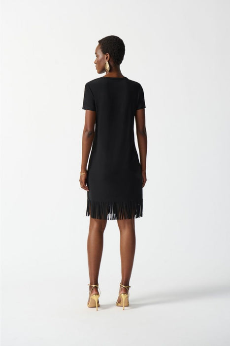 Joseph Ribkoff Black Fringe Hem V-Neck Short Sleeve T-Shirt Dress 242113
