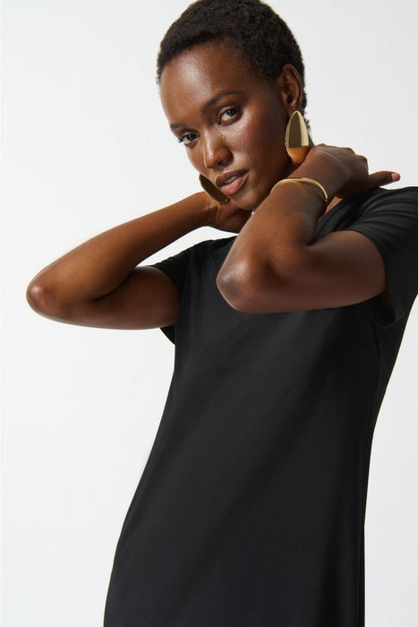 Joseph Ribkoff Black Fringe Hem V-Neck Short Sleeve T-Shirt Dress 242113