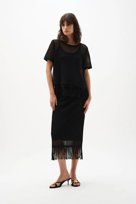 Joseph Ribkoff Black Fringe Trim Sweater Knit Midi Skirt 262929