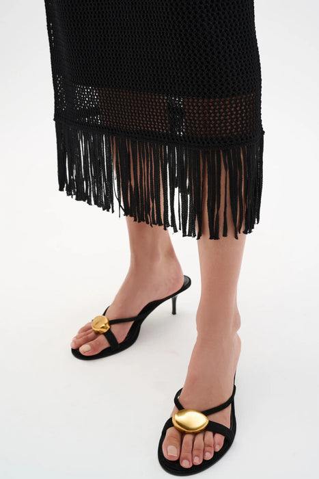 Joseph Ribkoff Black Fringe Trim Sweater Knit Midi Skirt 262929