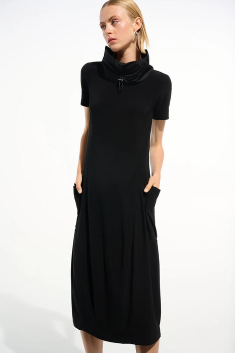 Joseph Ribkoff Black Funnel Collar Midi Cocoon Dress 261633
