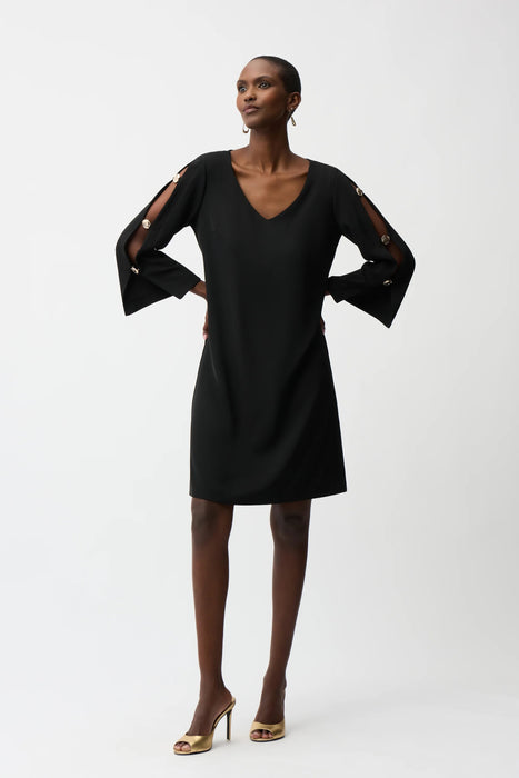 Joseph Ribkoff Black Gold Button Accent Slit Sleeve Shift Dress 261085