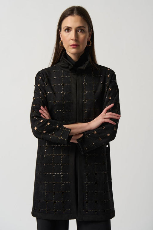 Joseph Ribkoff Style 233061 Black/Gold Cutout Faux Suede Long Sleeve Jacket