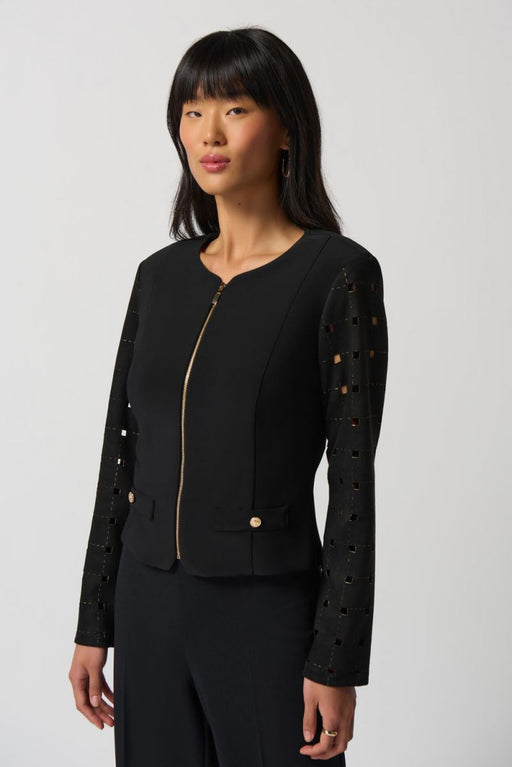 Joseph Ribkoff Style 233291 Black/Gold Cutout Faux Suede Sleeve Zip-Up Jacket