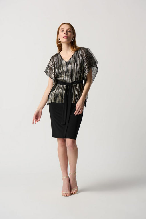 Joseph Ribkoff Style 234285 Black/Gold Foiled Pleated Overlay Short Sleeve Sheath Dress