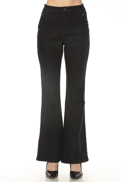 Woman wearing a black flared jeans with sailor buttons accent from Joseph Ribkoff