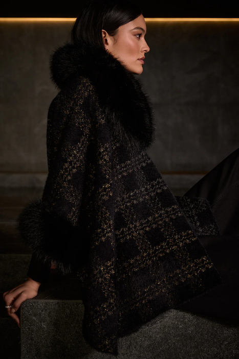 Joseph Ribkoff Black/Gold Plaid Print Faux Fur Poncho 254934