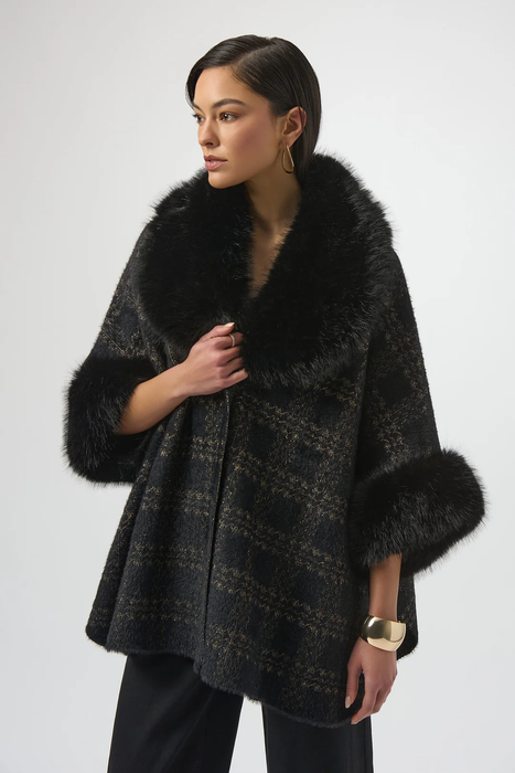 Joseph Ribkoff Black/Gold Plaid Print Faux Fur Poncho 254934