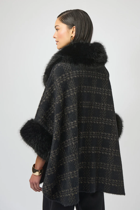 Joseph Ribkoff Black/Gold Plaid Print Faux Fur Poncho 254934