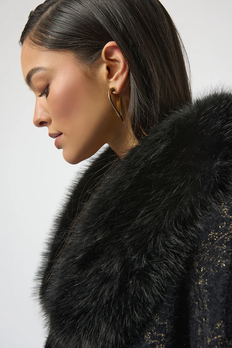 Joseph Ribkoff Black/Gold Plaid Print Faux Fur Poncho 254934