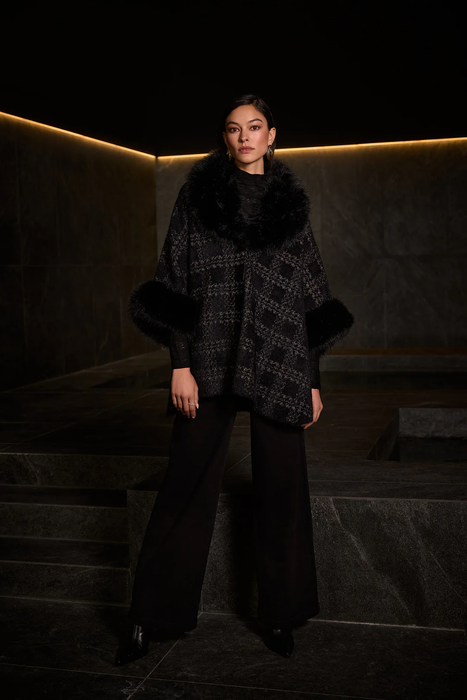 Joseph Ribkoff Black/Gold Plaid Print Faux Fur Poncho 254934
