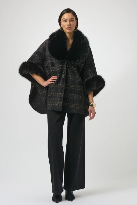 Joseph Ribkoff Black/Gold Plaid Print Faux Fur Poncho 254934