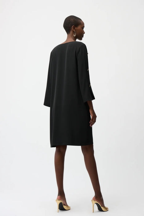 Joseph Ribkoff Black Gold Button Accent Slit Sleeve Shift Dress 261085