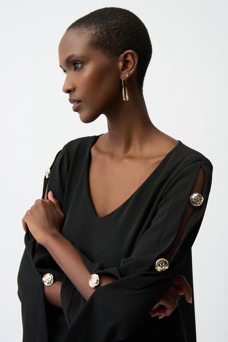Joseph Ribkoff Black Gold Button Accent Slit Sleeve Shift Dress 261085